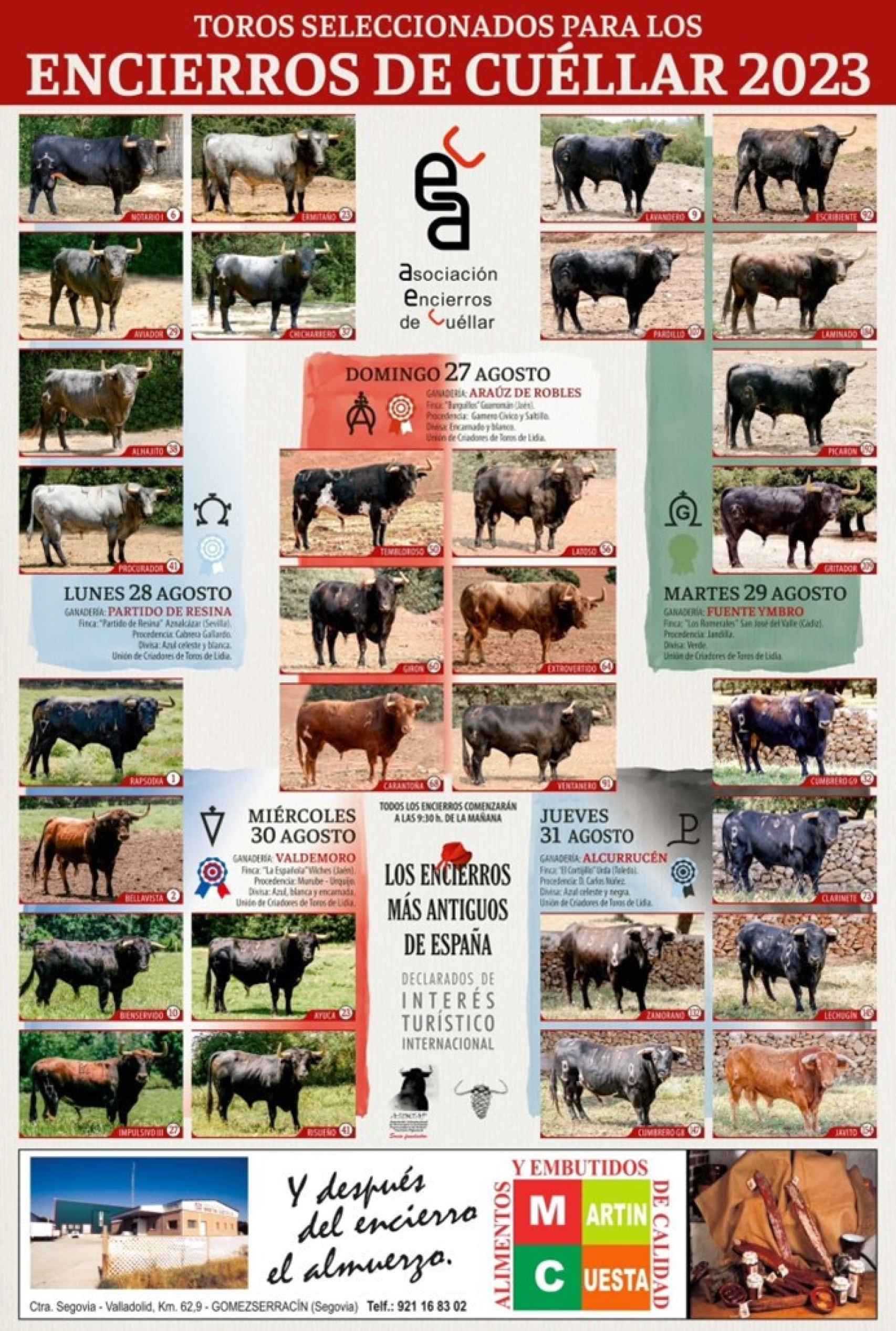 Cartel de los toros seleccionados para los encierros de Cuéllar 2023