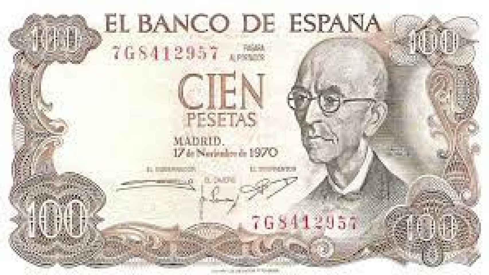 Billete de 100 pesetas con la imagen de Manuel de Falla.