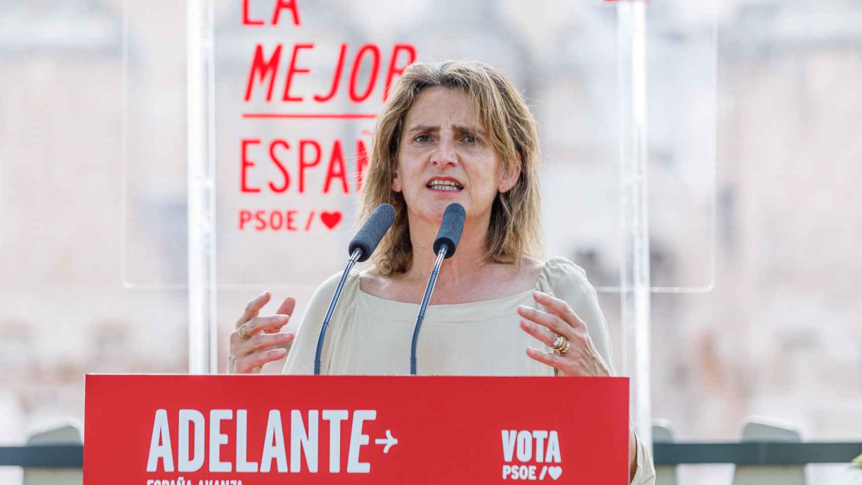 La vicepresidenta y ministra para la Transición Ecológica y el Reto Demográfico, Teresa Ribera, ayer lunes en un acto en Coca (Segovia).