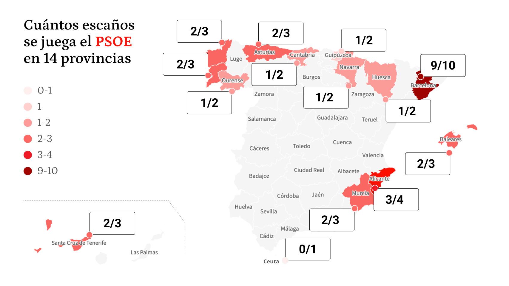 Provincias en las que el PSOE se disputa el último escaño