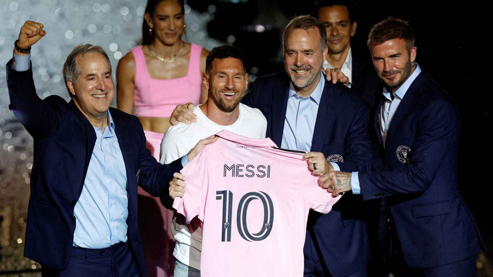 La presentación de Leo Messi en el Inter de Miami, con David Beckham a la derecha.