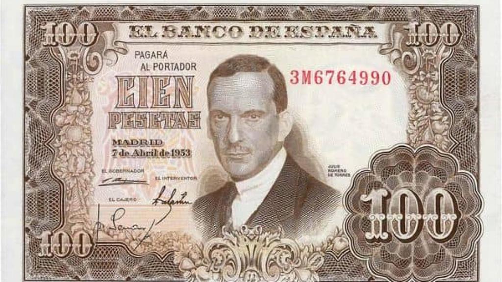 Billete de 100 pesetas con la imagen de Julio Romero de Torres.