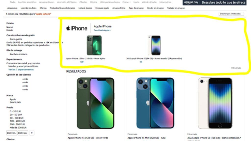 Ejemplo de los resultados de búsqueda con las cláusulas de publicidad:  Al buscar  “Apple iPhone” únicamente aparecen productos Apple en la primera página de resultados.