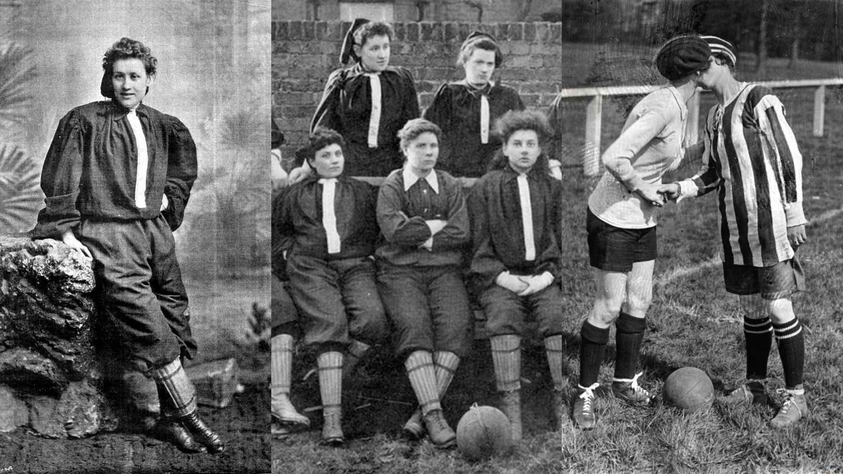 De izquierda a derecha, Nettie Honeyball, su equipo y el beso en el partido de 1920.