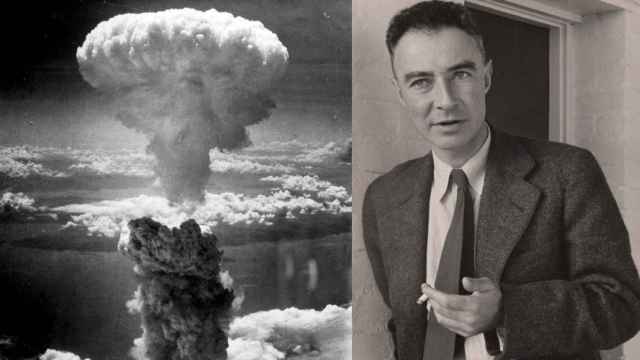 A la derecha, Robert Oppenheimer. A la izquierda, el 'hongo' nuclear consecuencia de la bomba atómica lanzada sobre Nagasaki en 1945.