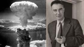 A la derecha, Robert Oppenheimer. A la izquierda, el 'hongo' nuclear consecuencia de la bomba atómica lanzada sobre Nagasaki en 1945.
