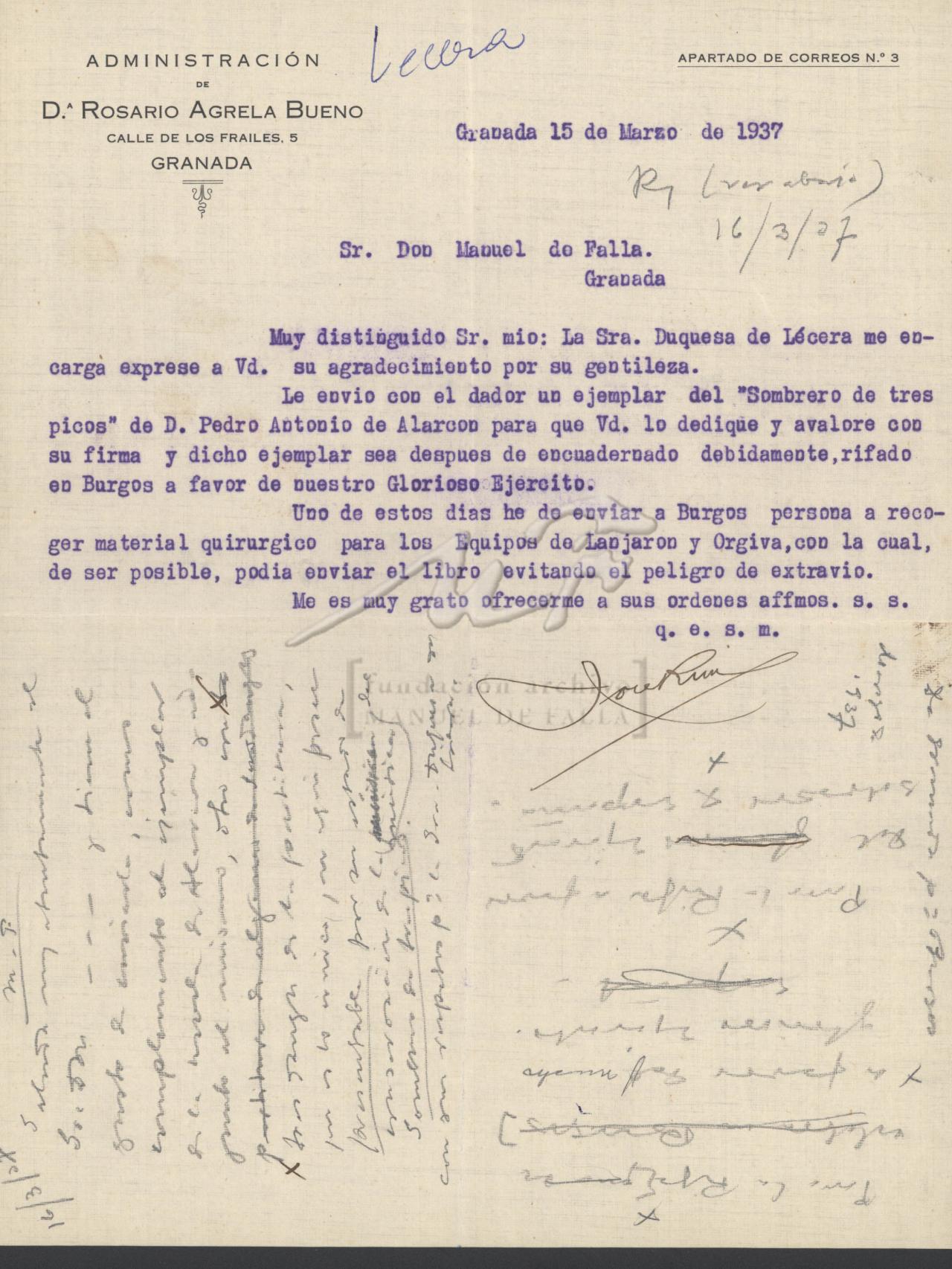 Telegrama de la duquesa a Manuel de Falla_ Crédito_ Cortesía del Archivo Manuel de Falla.