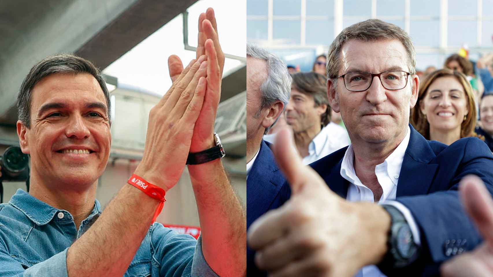 Sánchez y Feijóo, este viernes, en el cierre de sus campañas, en Getafe y La Coruña, respectivamente.