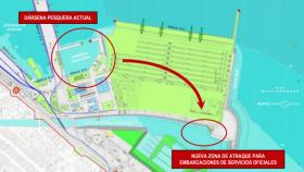 Mapa con la nueva localización del atraque para embarcaciones oficiales en el puerto de Málaga.