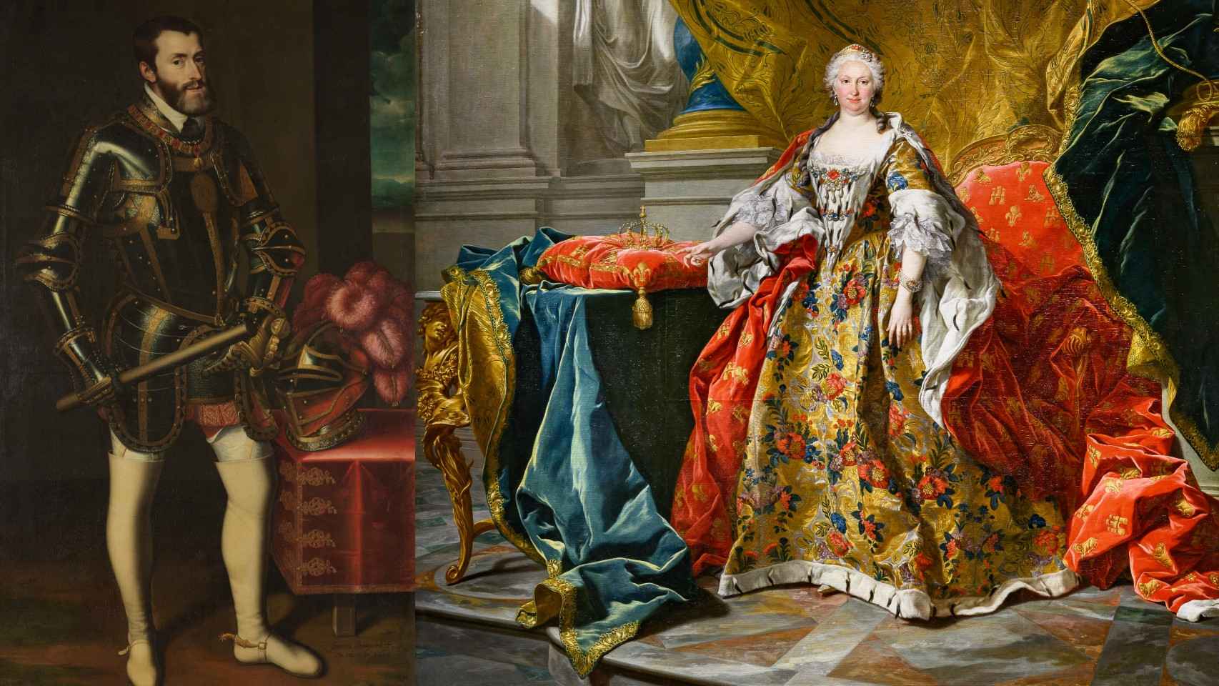 El emperador Carlos V, retratado por Pantoja de la Cruz en 1605 con la armadura Helmschmied, y la reina Isabel de Farnesio (esposa de Felipe V) en 1739.
