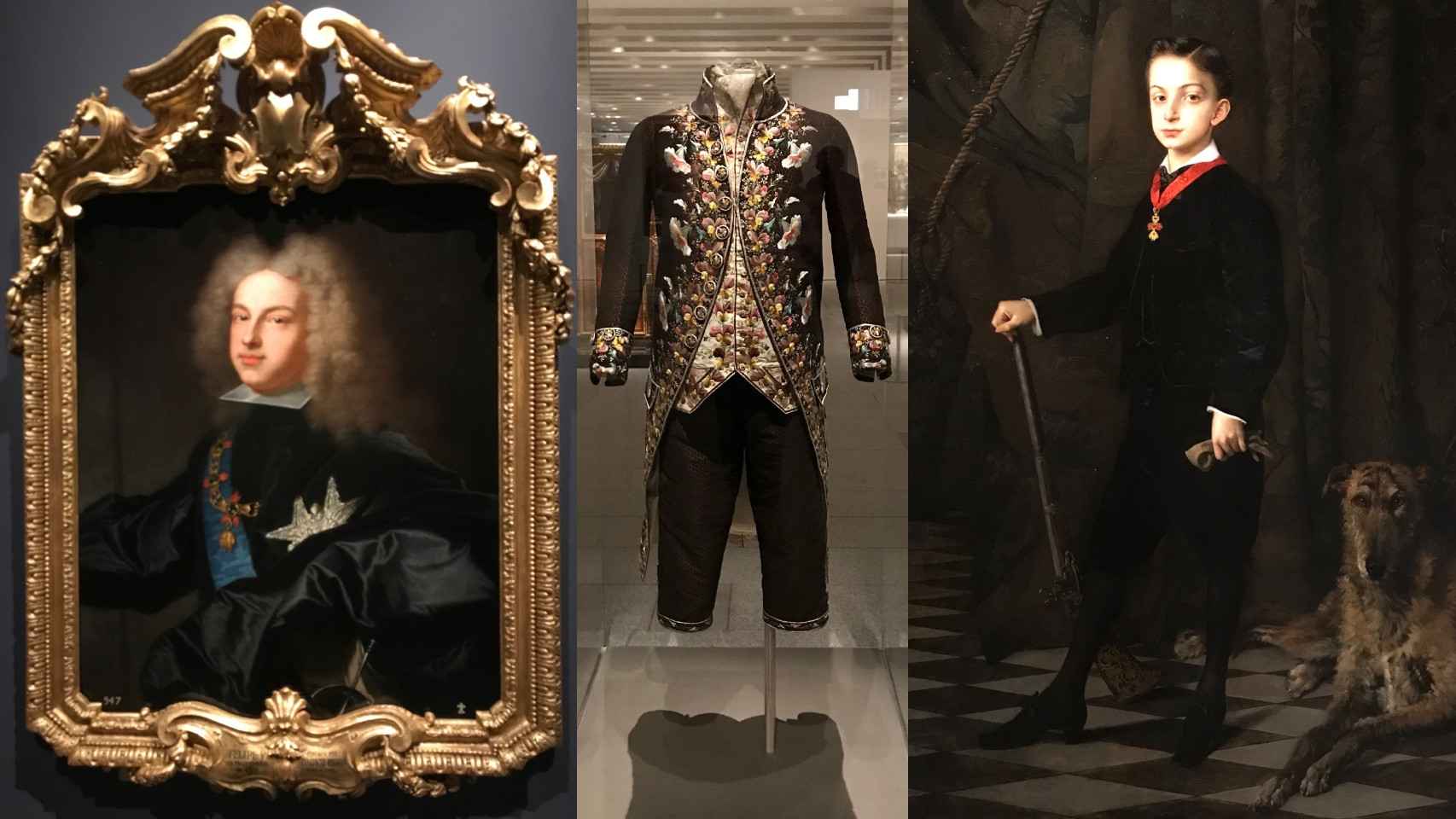 Retratos de Felipe V (1701) y el entonces príncipe Alfonso (1869) y traje de hombre de finales del XVIII - Galería de Colecciones Reales (GCR).