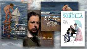 Portadas de los libros sobre Sorolla de Carlos Reyero, Federico García Serrano, Manuel Vicent y César Suárez.