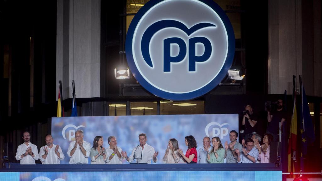 Celebración electoral del PP en su sede de la calle Génova, este domingo.