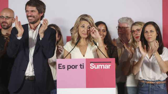 La líder de Sumar, Yolanda Díaz, comparece junto a los dirigentes de la coalición tras los resultados de las elecciones del 23-J.