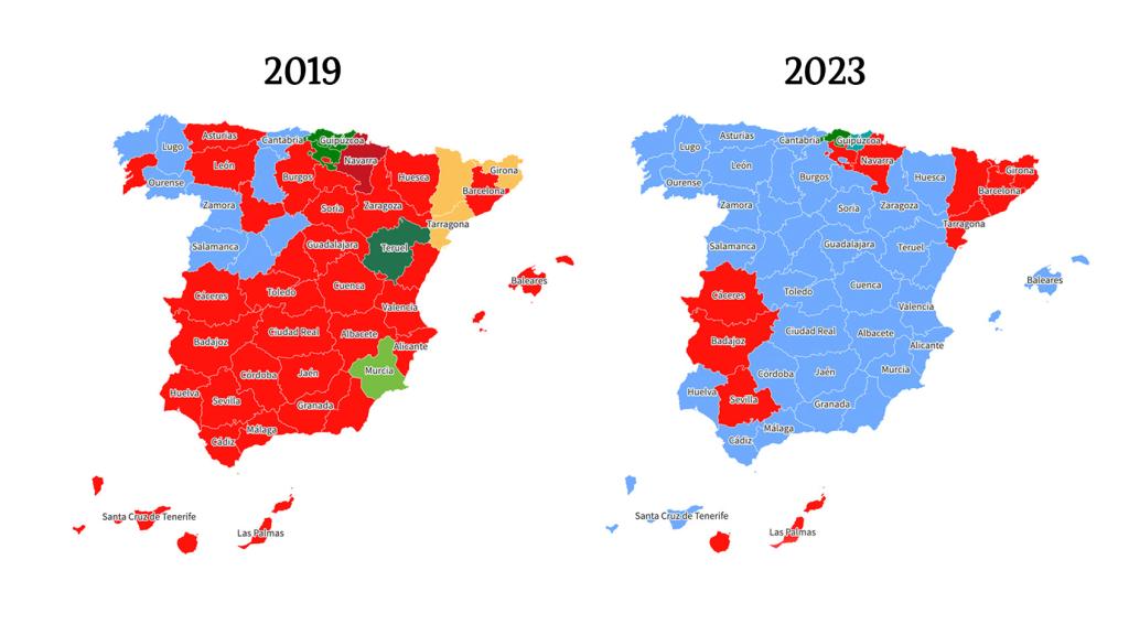 Partidos más votado en cada provincia en las elecciones generales de 2019 y 2023.