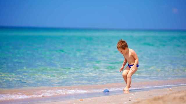 Un niño se baña con una medusa cerca en la playa, en una imagen de archivo.