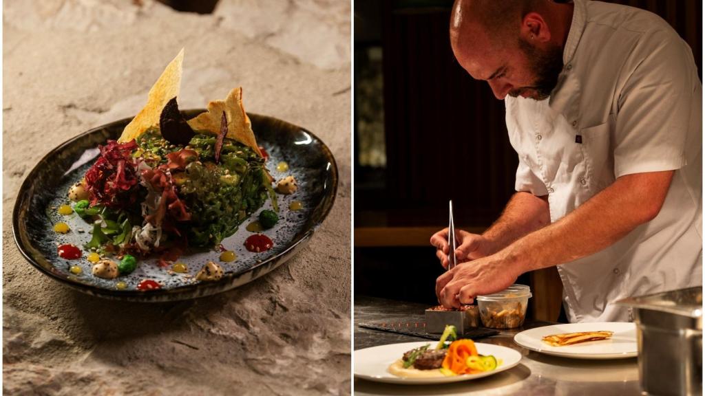 Ensalada de alga y Manuel Mulero en la cocina.