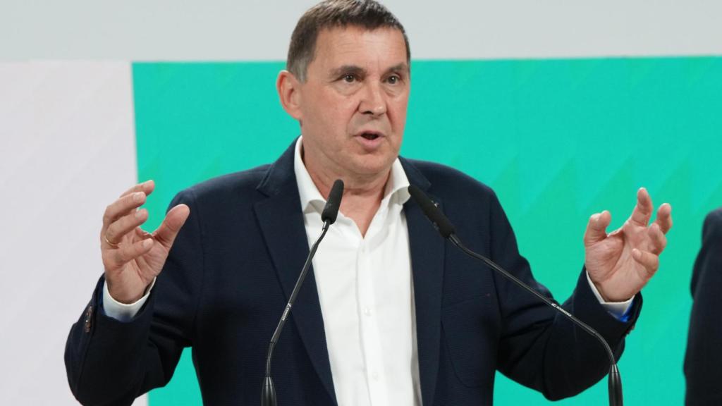 El coordinador general de EH Bildu, Arnaldo Otegi, durante una rueda de prensa este lunes.