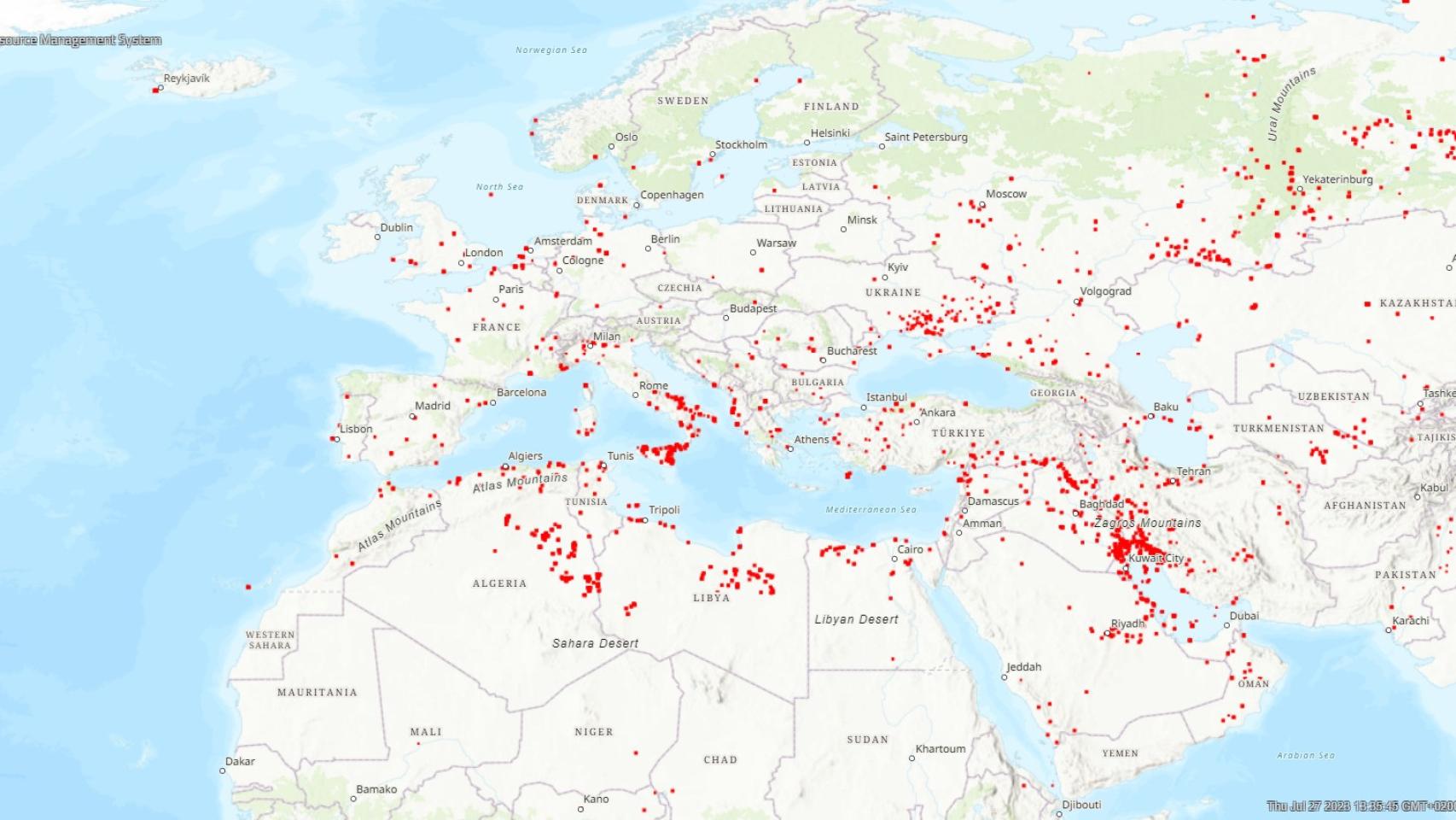 Imagen de los incendios activos en Europa y el Mediterráneo, tomada del Fire Information for Resource Management System (FIRMS) de la NASA