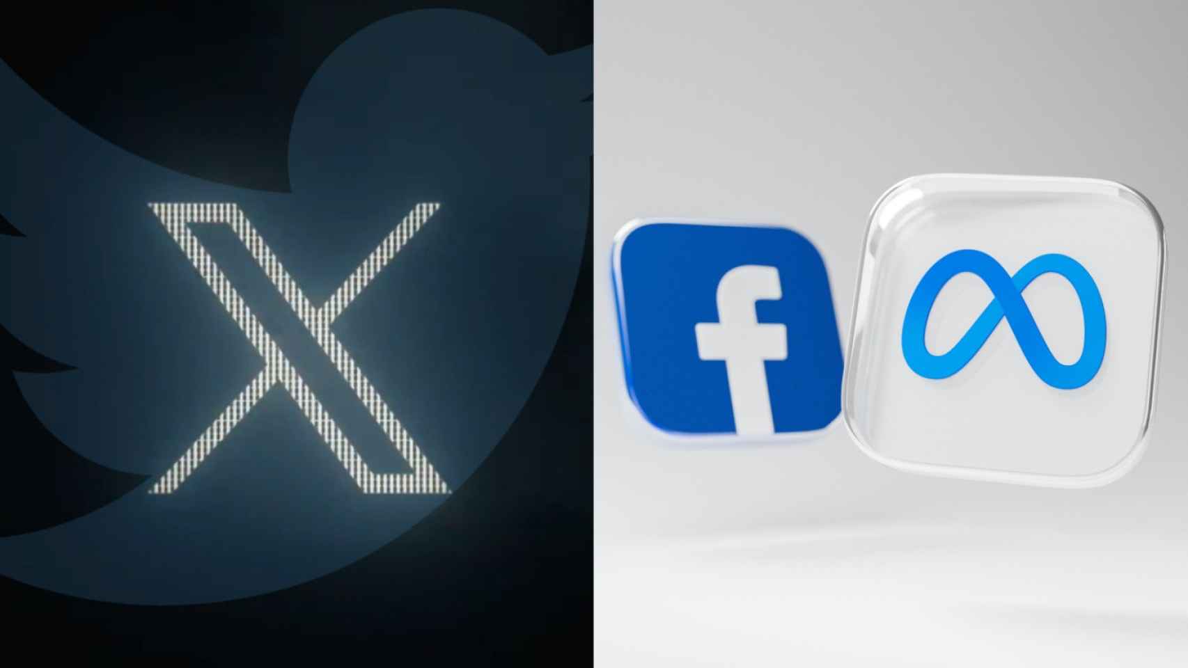 Montajo con logos de Twitter y X y de Facebook y Meta.