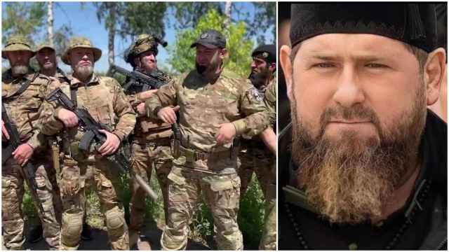 Soldados chechenos de los batallones Ajmat desplegados por Razmán Kadyrov (d.) en Ucrania.