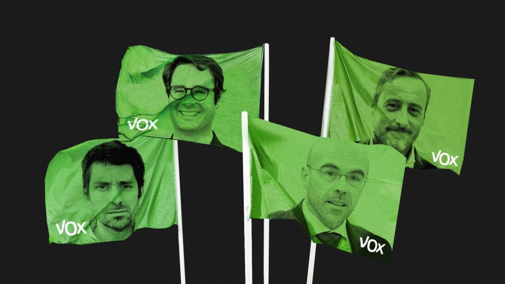 De izquierda a derecha: Gabriel Ariza, fundador de Tizona Comunicación e hijo del dueño de Intereconomía; Ignacio de Hoces, diputado electo por Badajoz; Jorge Buxadé, vicesecretario de Acción Política de Vox;  y Kiko Méndez-Monasterio, mano derecha de Santiago Abascal.