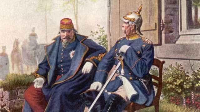 Napoleón III y Bismarck tras la batalla de Sedán, el 1 de septiembre de 1870. Ilustración de Wilhelm Camphausen (1878). Aquella batalla cambió Europa. El ejército francés fue masacrado; Napoleón III, hecho prisionero y Guillermo I, proclamado Káiser del imperio alemán.