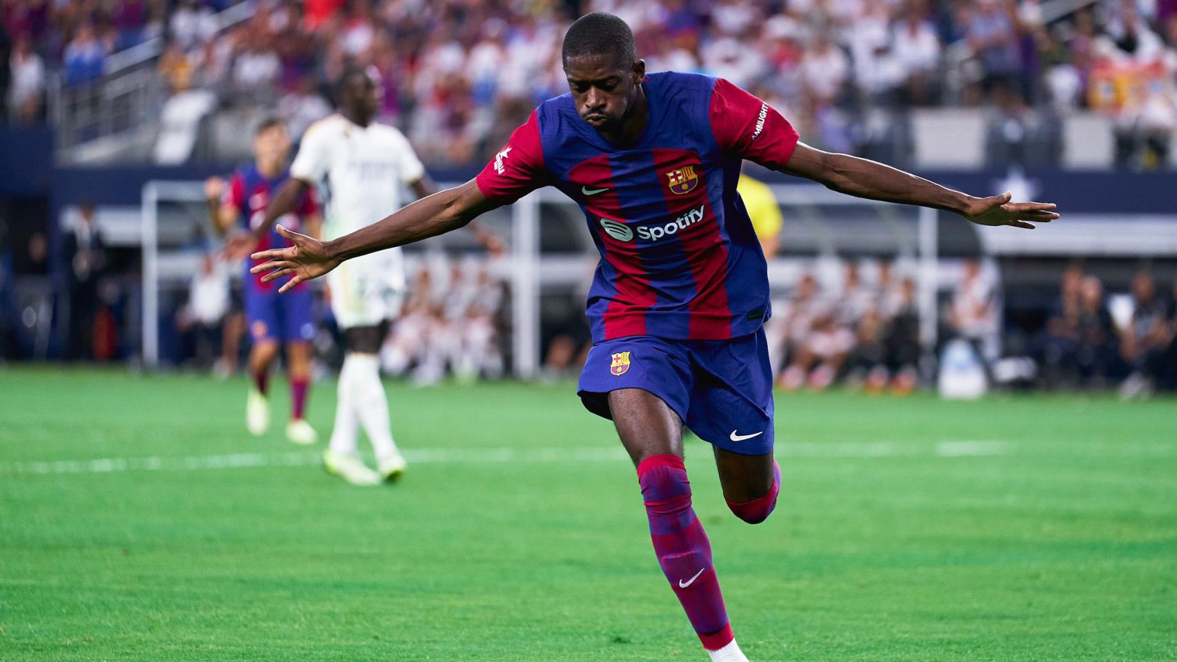 Dembélé celebra su gol ante el Real Madrid.