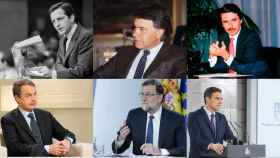 De izq. a dcha. y de arriba a abajo: Adolfo Suárez, Felipe González, José María Aznar, José Luis Rodríguez Zapatero, Mariano Rajoy y Pedro Sánchez.