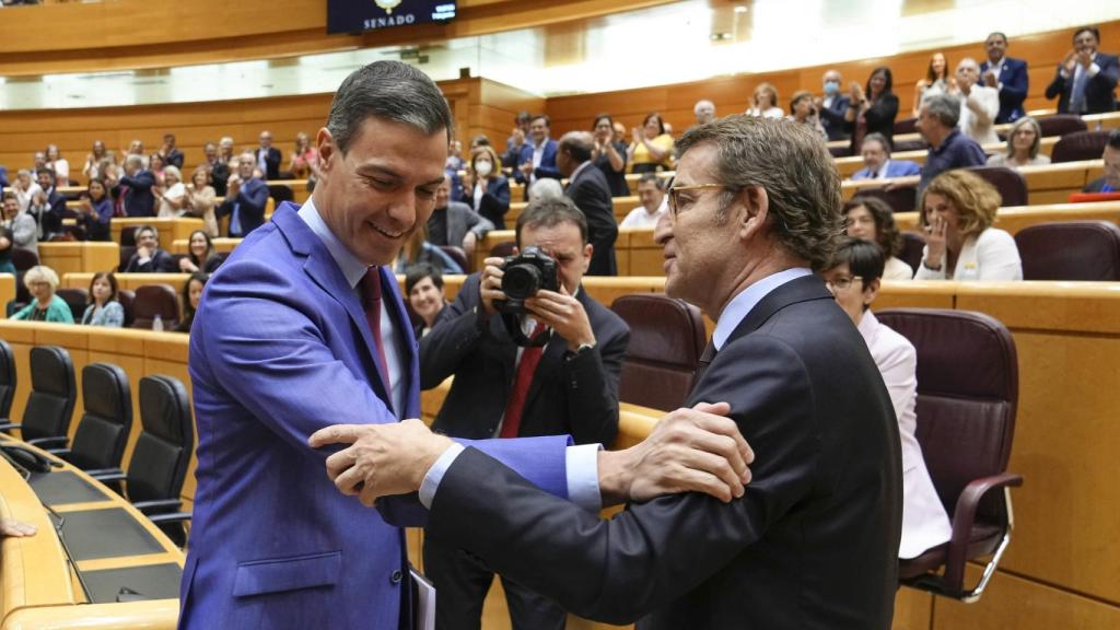 Pedro Sánchez y Alberto Núñez Feióo se saludan, el 7 del junio de 2022, antes de iniciar la sesión de control al Gobierno en el Senado.
