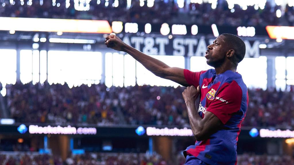 Ousmane Dembélé celebra un gol con el Barça