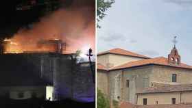 A la izquierda, imagen del incendio en el Monasterio de la Alconada (ICAL / Brágimo) y a la derecha, el edificio restaurado (Imagen del Ayuntamiento de Ampudia)
