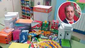 Material escolar y libros y el alcalde de Bobadilla del Campo, Francisco Pastor