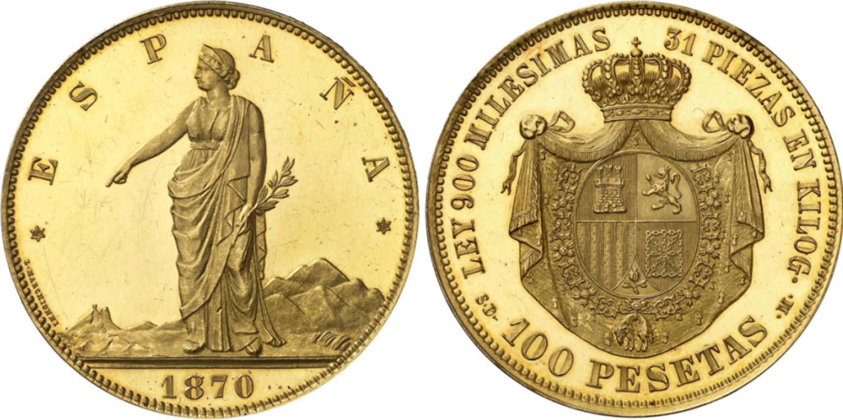 Moneda de 100 pesetas de 1870.