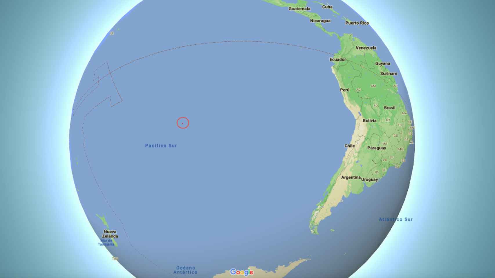 Vista general del Pacífico Sur. En rojo, el lugar en el que se encuentra el archipiélago de las islas Pitcairn