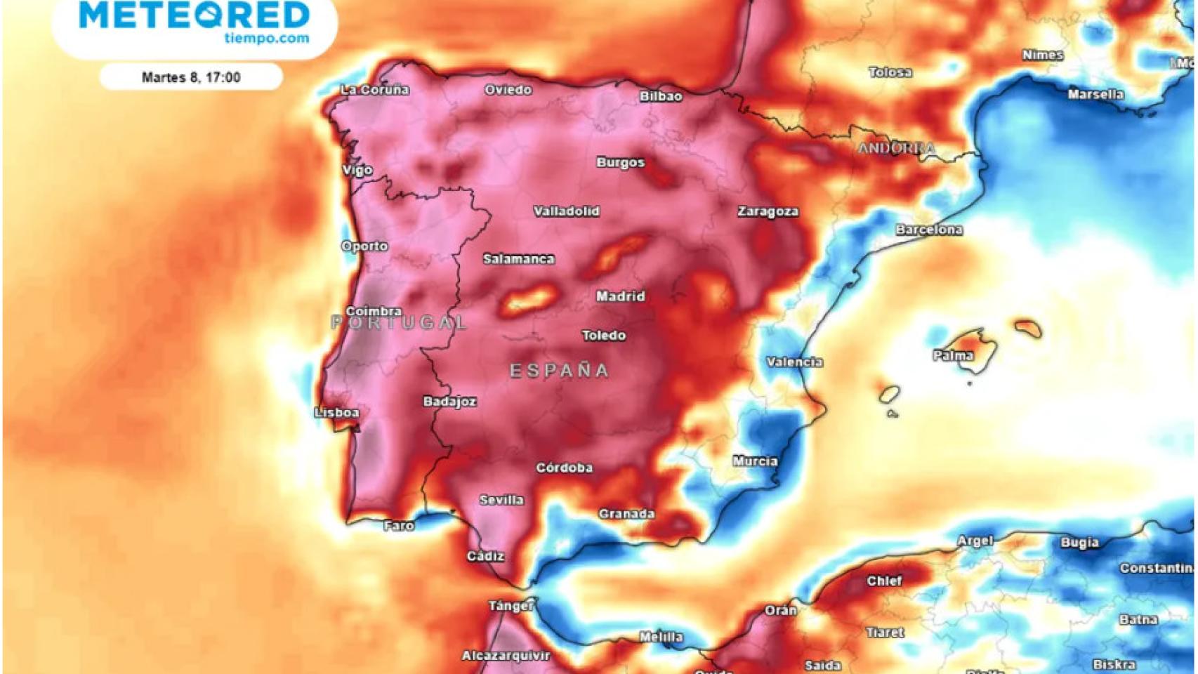 Mapa de temperaturas previsto por Meteored para el próximo martes.