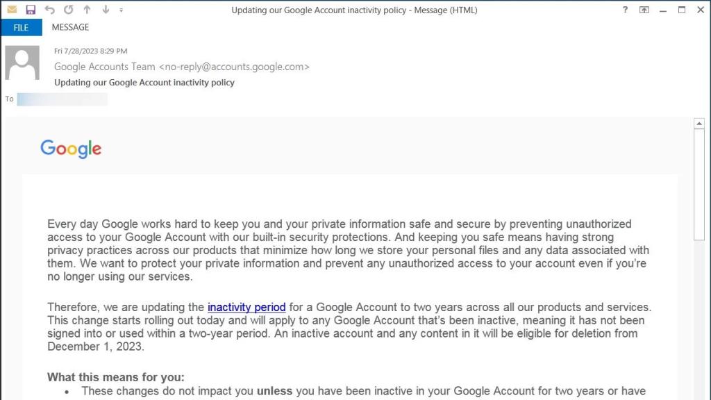 Mail de aviso de Google