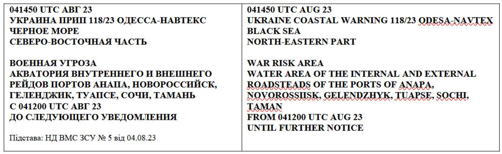 Aviso de Ucrania a los comerciantes del Mar Negro