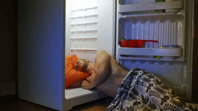 Imagen de archivo de un hombre de mediana edad durmiendo a las puertas de su frigorífico.