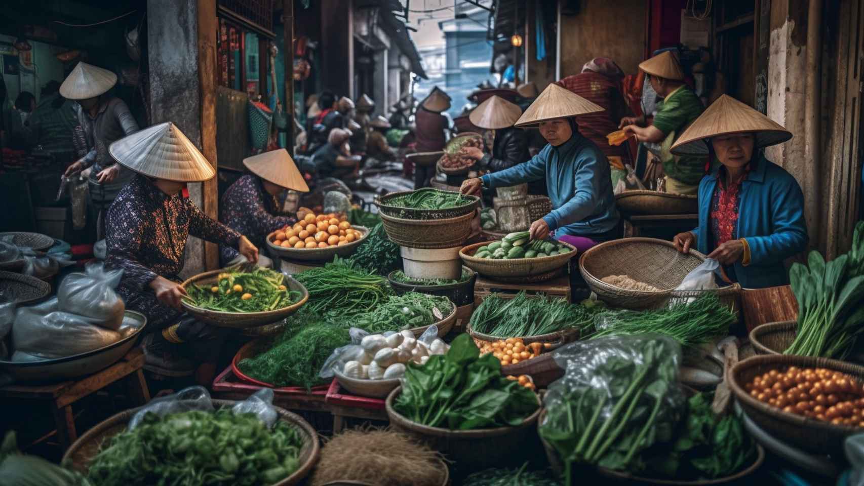 Vendedores vietnamitas en un mercado callejero.