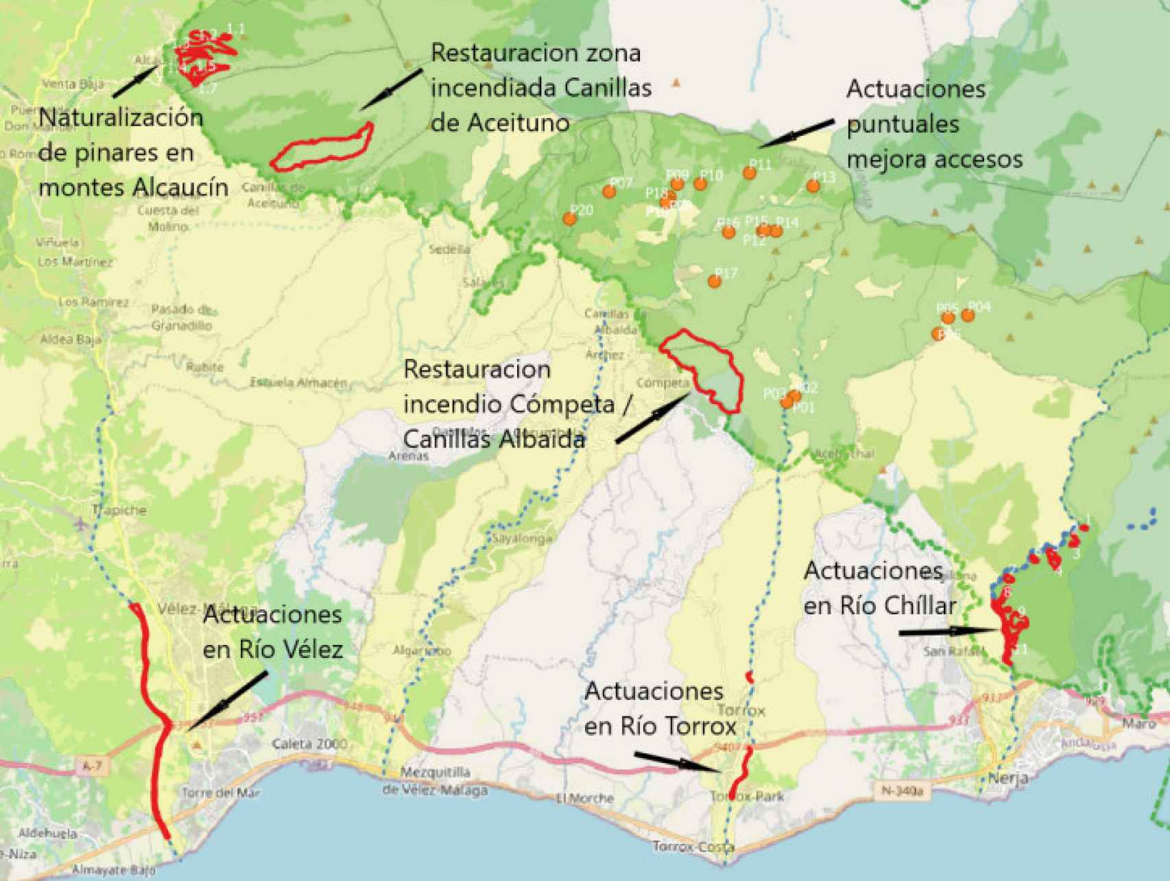 Zonas intervención restauración forestal en la parte oriental.