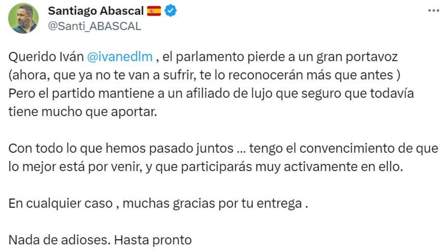 Despedida de Santiago Abascal en la dimisión de Iván Espinosa de los Monteros.