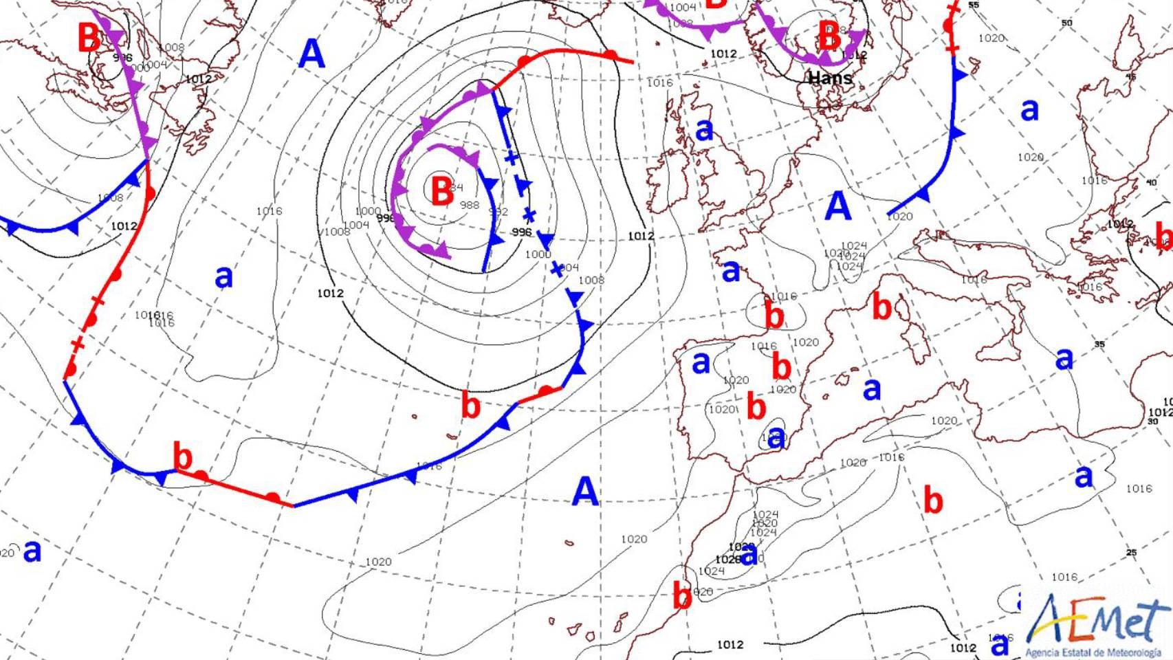 Mapa de presión atmosférica de España para el 10 de agosto.