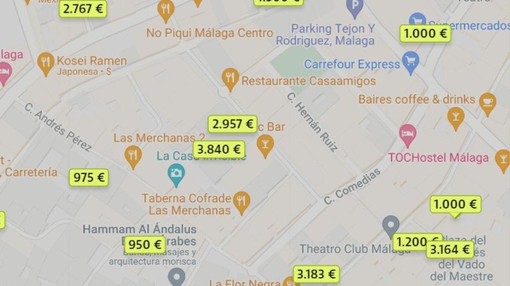 Mapa del precio de las viviendas con el m2 más caro en el Centro de Málaga.