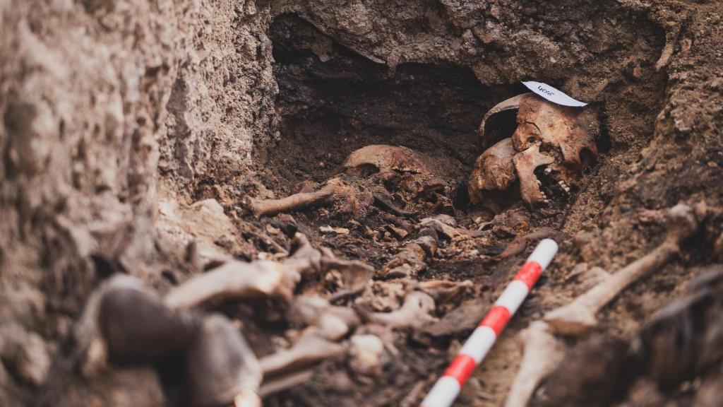 En la imagen se aprecian dos esqueletos completos, uno encima de otro. El cuerpo más situado a la derecha presenta dentadura en buen estado e incluso unos zapatos. Los procesos de excavación se realizan con sumo cuidado pues la humedad de la tierra ha dañado los huesos.