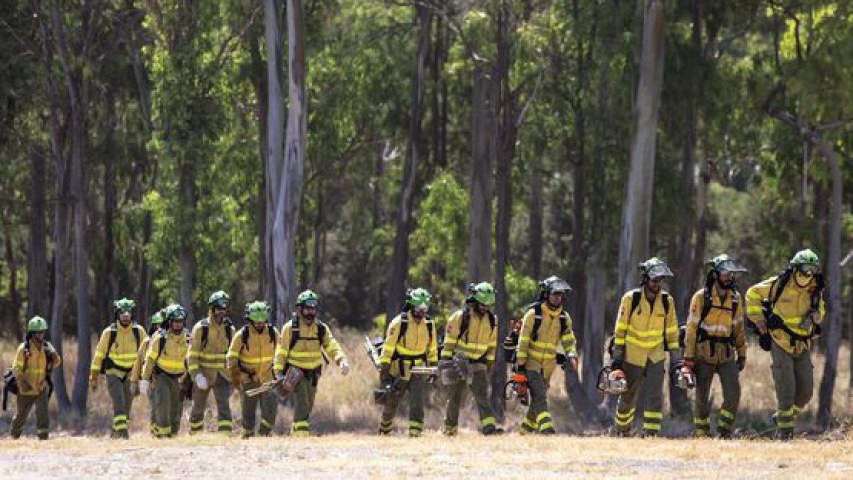 Un grupo de bomberos forestales tras una jornada de trabajo