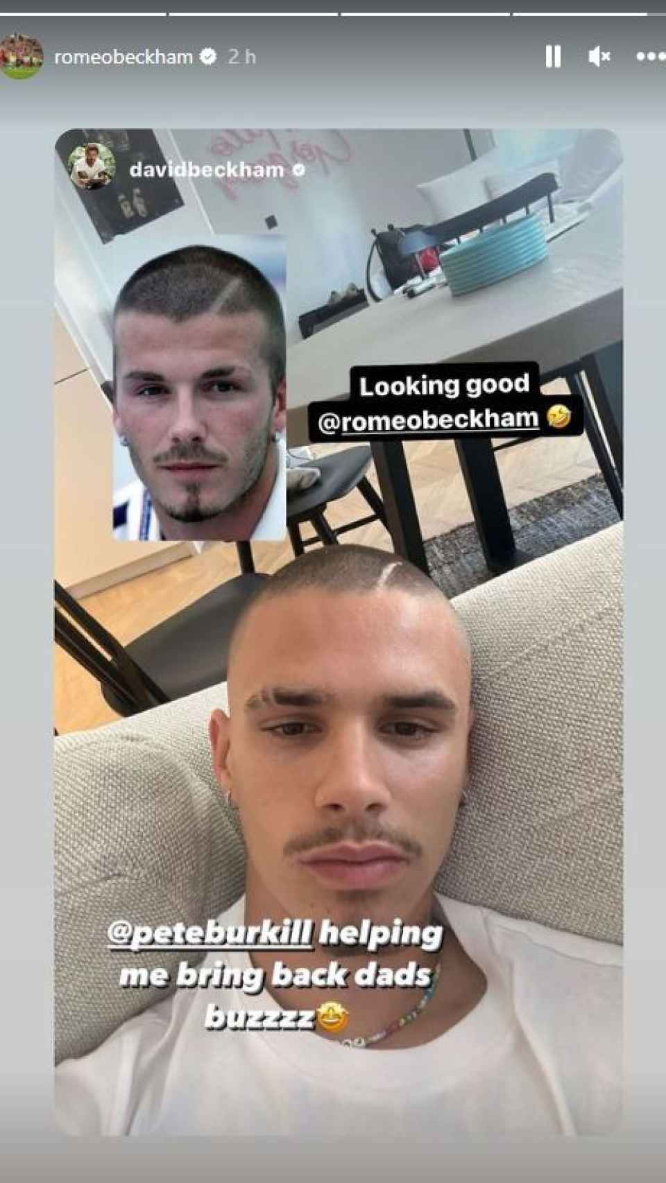 Romeo Beckham se afeita una línea en la cabeza para imitar el peinado de su padre, David.