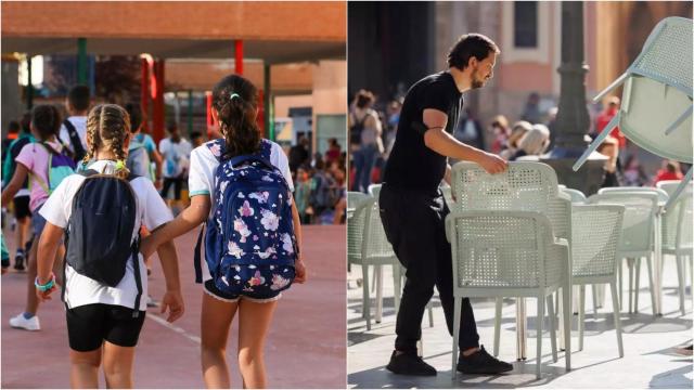 A la izquierda, dos niñas en la vuelta al cole. A la derecha, dos camareros montando mesas en una terraza