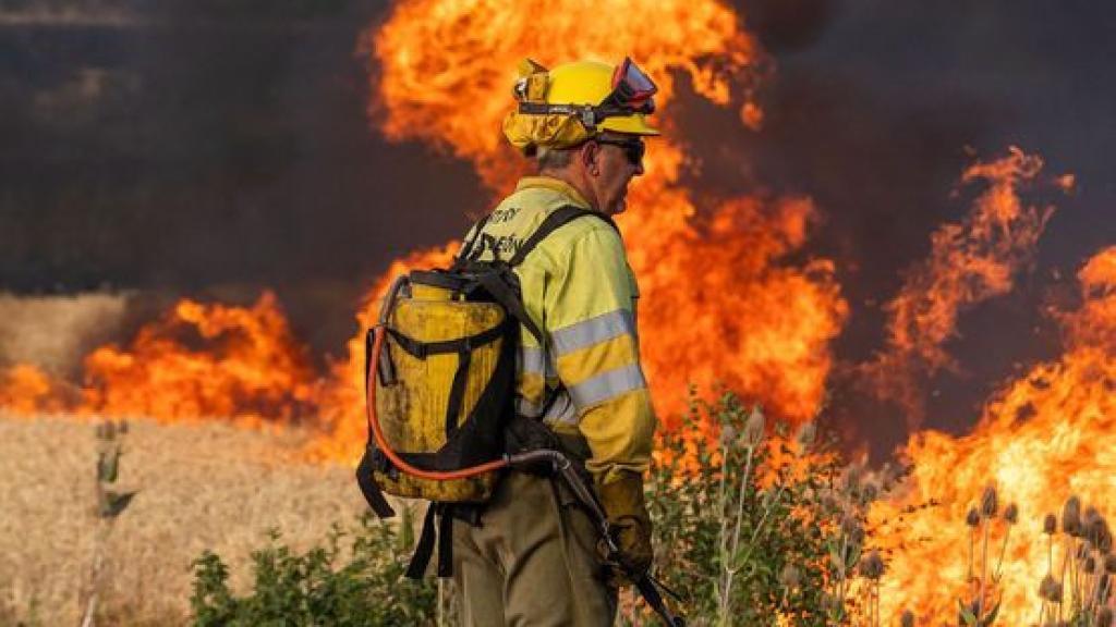 Un bombero forestal trabaja en un incendio.