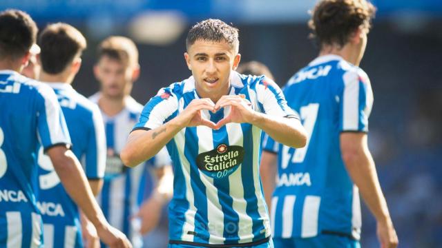 Yeremay celebra un gol con el Deportivo.